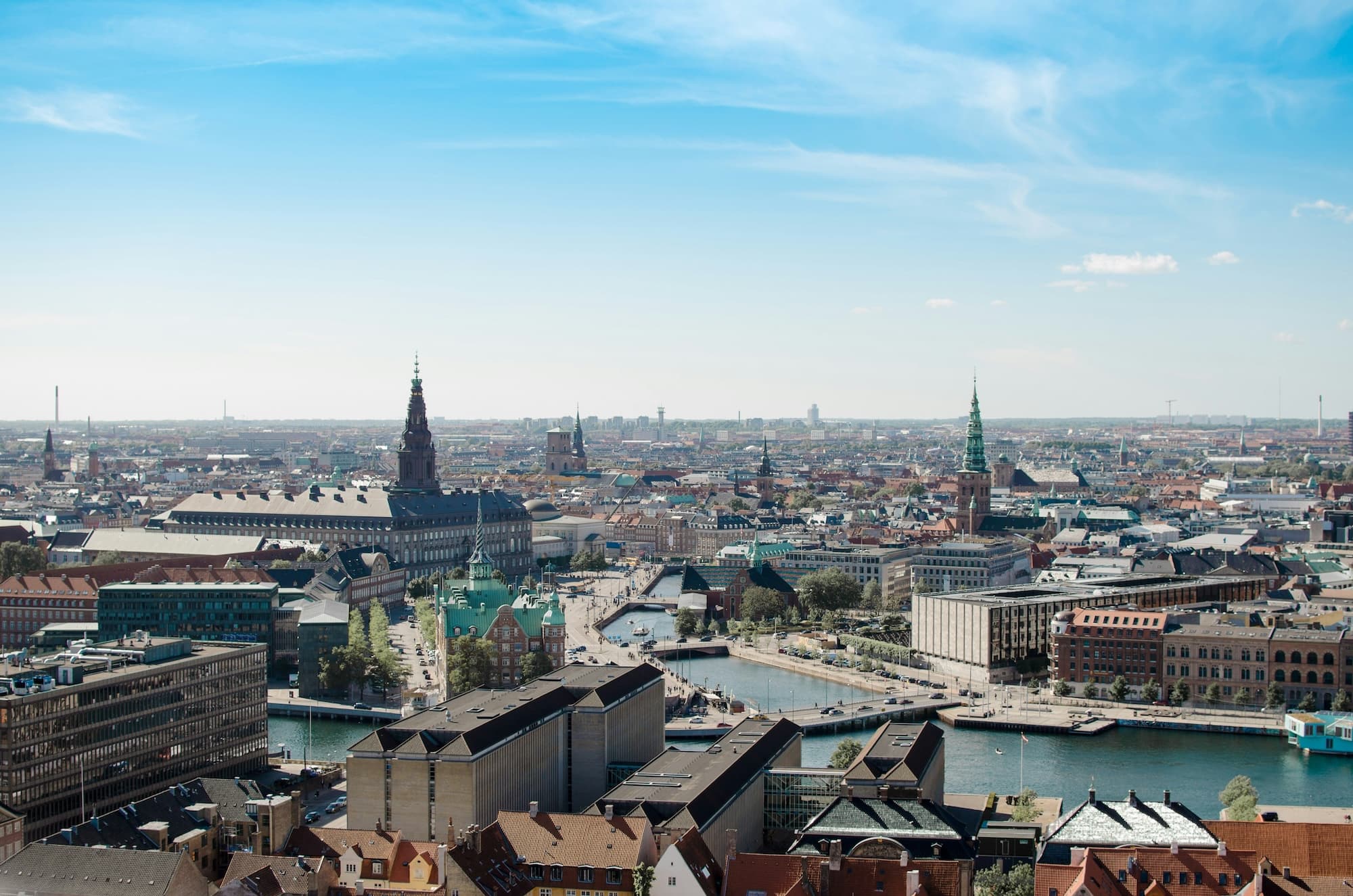 Copenhagen seen from above, with spires and canals